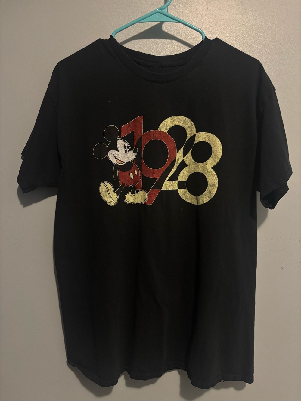 Disney Black Mickey Mouse 1928 Graphic Tee with Red and Yellow Accents